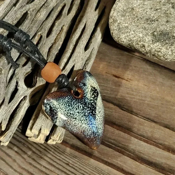 Hand Crafted Artsy Heart Glazed Blue Brown Cream Porcelain Pendant Necklace - Picture 4 of 7